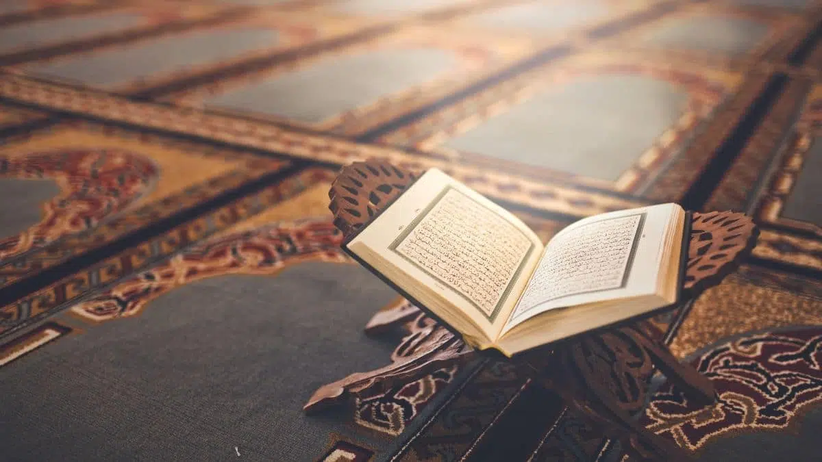 Quran Open On Stand Near Mosque Floor